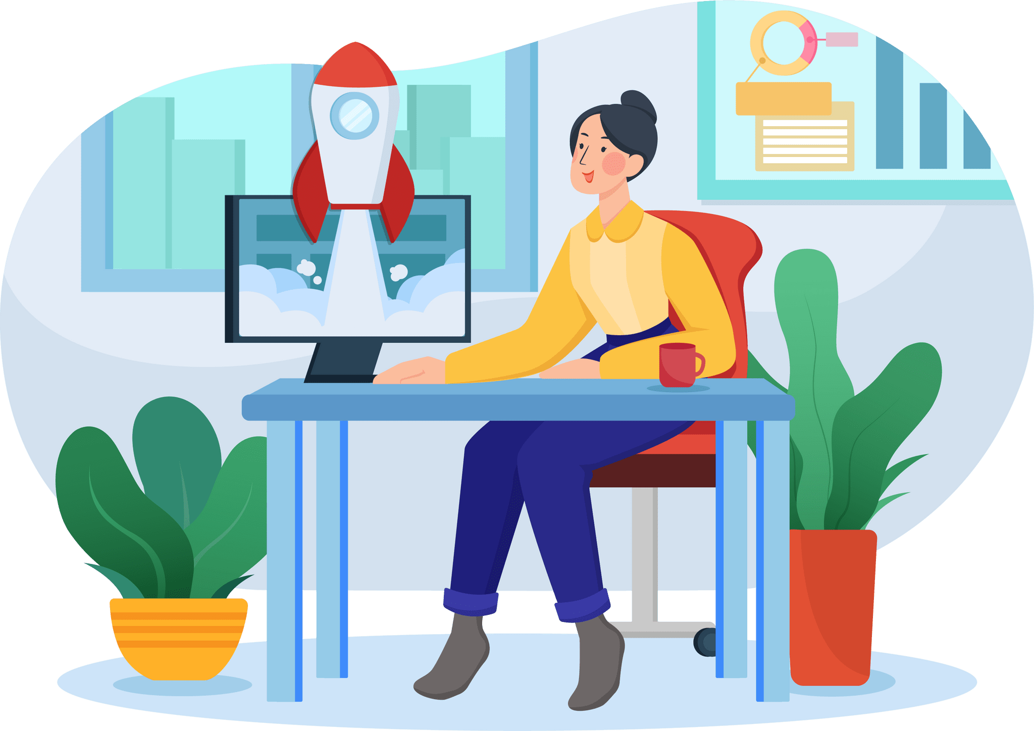 Illustration: Person at computer showing rocket taking off