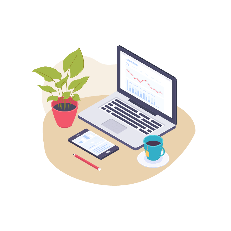 Illustration: Laptop on desk with phone, plant and coffee