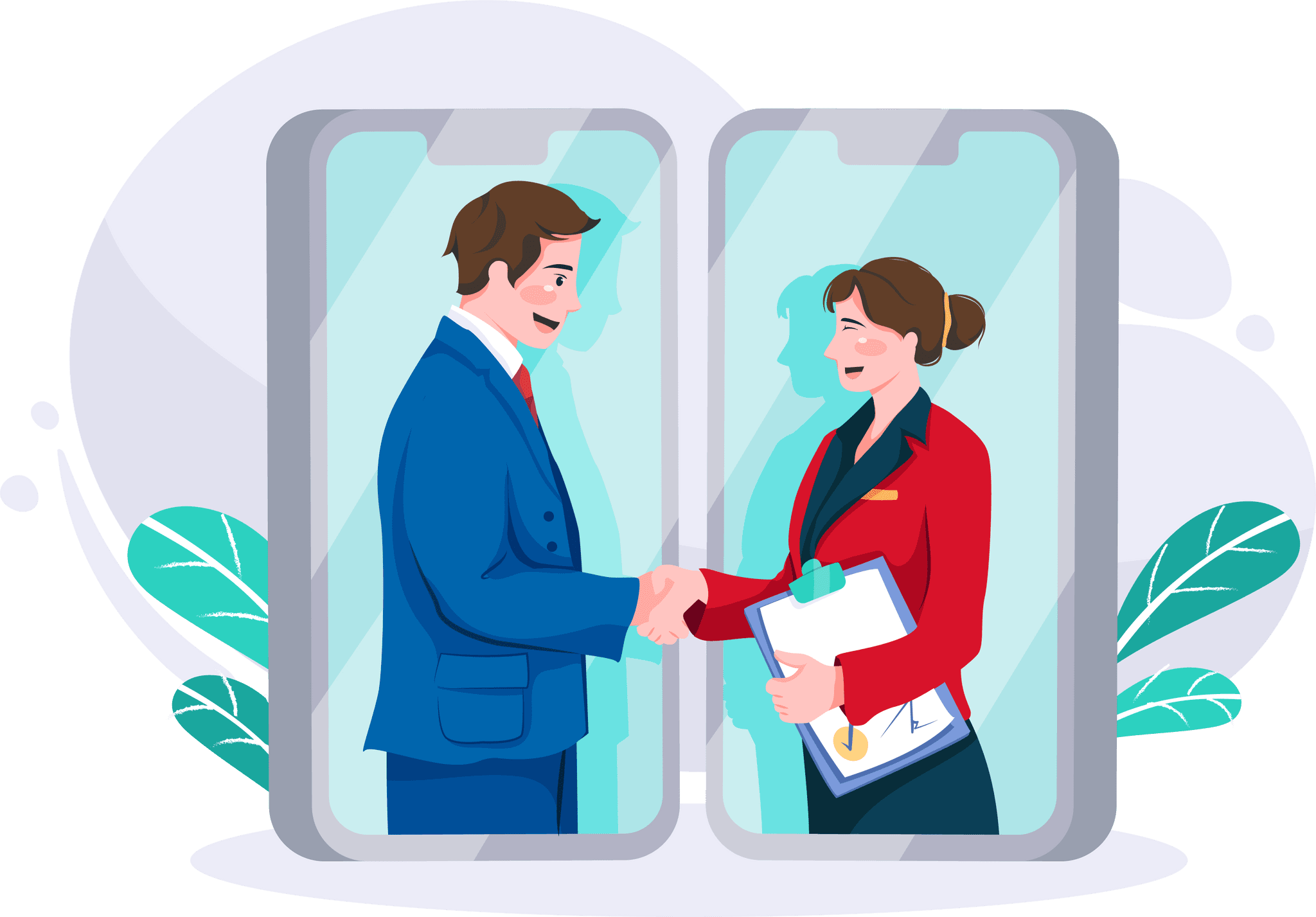 Illustration: People virtually shaking hands through cell phones