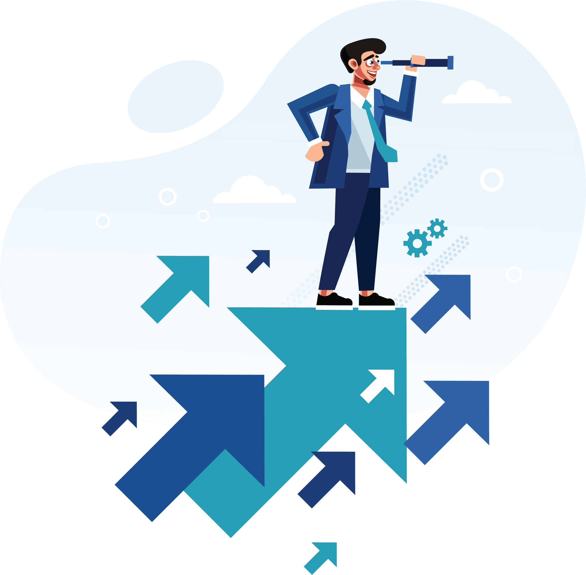 Illustration: Salesperson looking through telescope, arrows pointing up